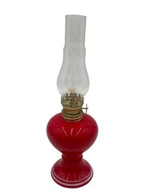 Vintage Red Glass Oil Lamp Brass Burner & Clear Chimney 10 Inches Tall